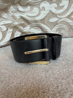 Michael Kors Black Wide Waist Statement Belt Gold Square Buckle Size P/L